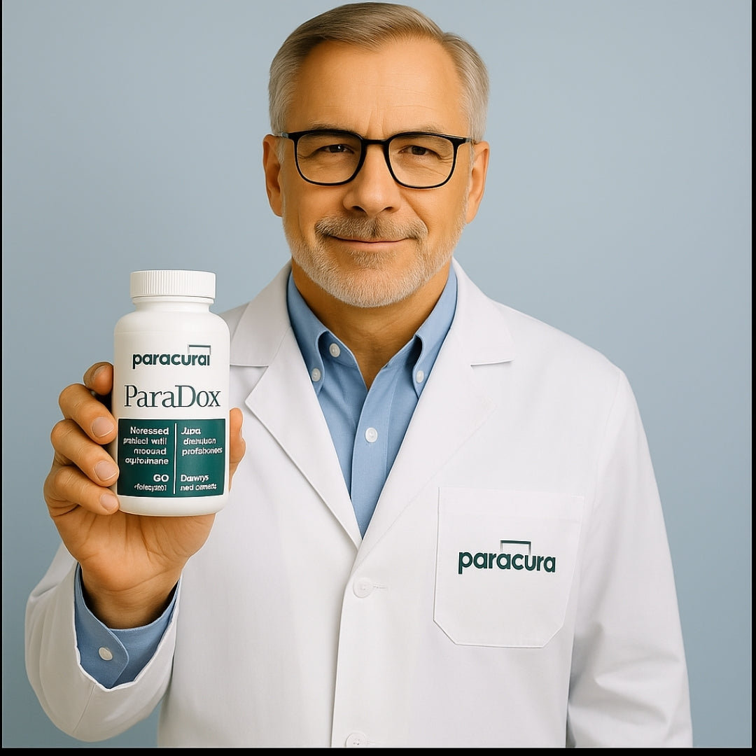 Man in a white lab coat holding a bottle labeled 'paracura Paradox' against a gray background  | Paracura