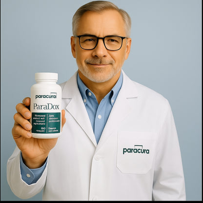 Man in a white lab coat holding a bottle labeled 'paracura Paradox' against a gray background  | Paracura