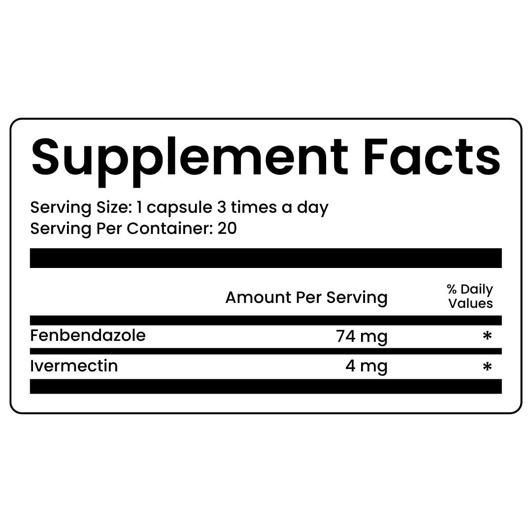 Supplement facts label with fenbendazole and ivermectin on a white background  | Paracura